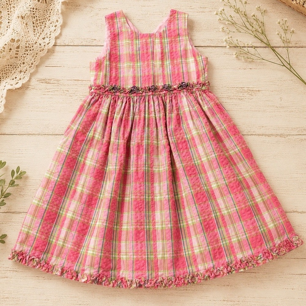 B.T. Kids Girls Plaid Sleeveless Dress Size 6/6X Pink Seersucker Rosette Ruffle